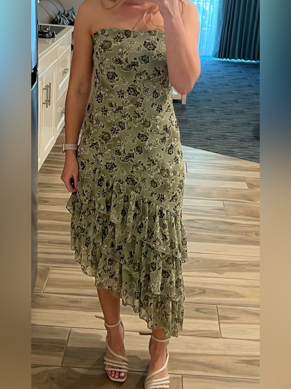 Floral Asymmetric Ruffle Midi Dress - Olive Green